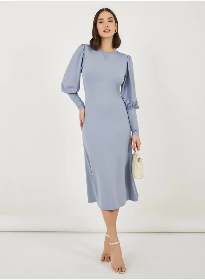 ستايلي Solid Cuffed Long Sleeves A-Line Midi Dress