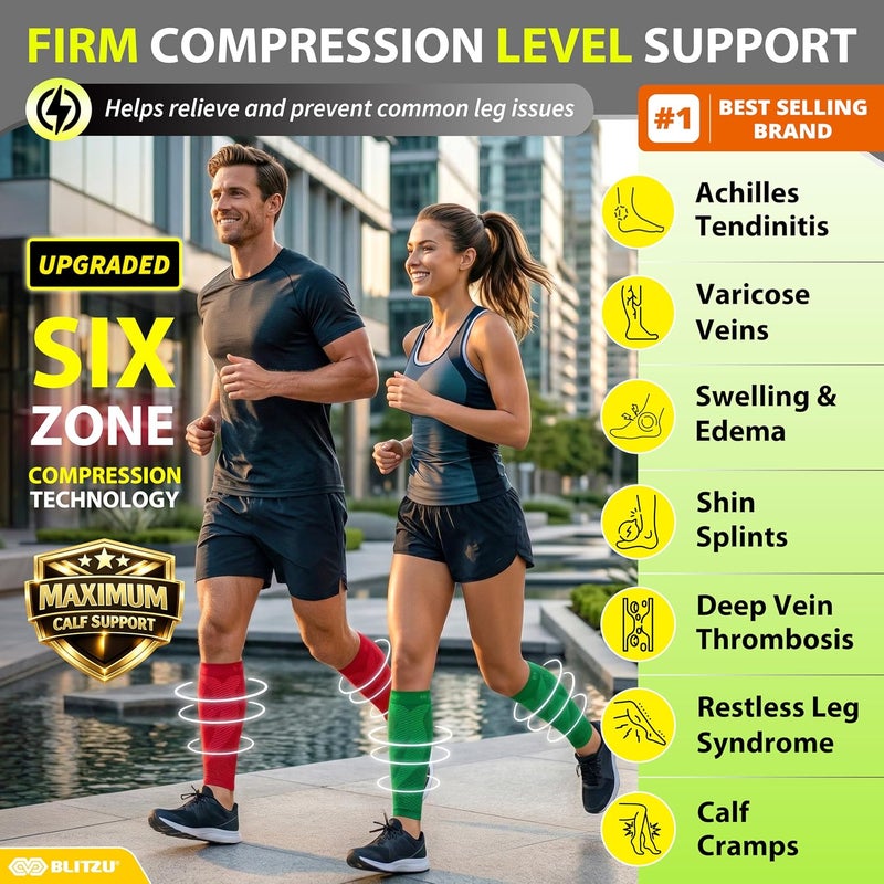 BLITZU Calf Sleeves (1 Pair) Power+ Compression Men and Women Performance Leg Guards. True Graduated Compression. Improves Circulation, Aids Muscle Recovery - Image 2