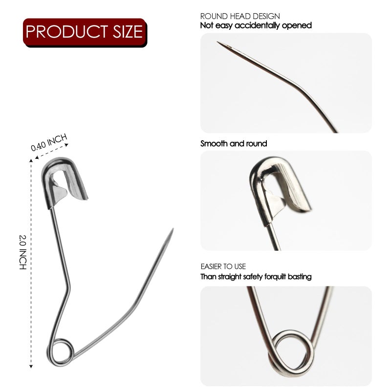 MASONEE 100 Pack Curved Safety Pins for Quilting Basting Pins 54mm/2.0inch Quilting Safety Pins Stainless Steel Quilting Pins - Image 2