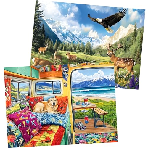 WSCXSC 2 Pack 500 Pieces Puzzle for AdultsGrassland Snow Mountain Scenery PuzzlesDeer Jigsaw Puzzles 500 PiecesRV Travel Puzzles 500 Piece Adult Puzzle Challenging Family Activity Great Gift - Image 1