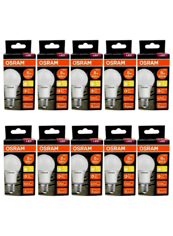 OSRAM 8W LED Light Bulb Pack of 10 Warm White 3000K E27 Base Eye Comfort Energy Saving - Image 1