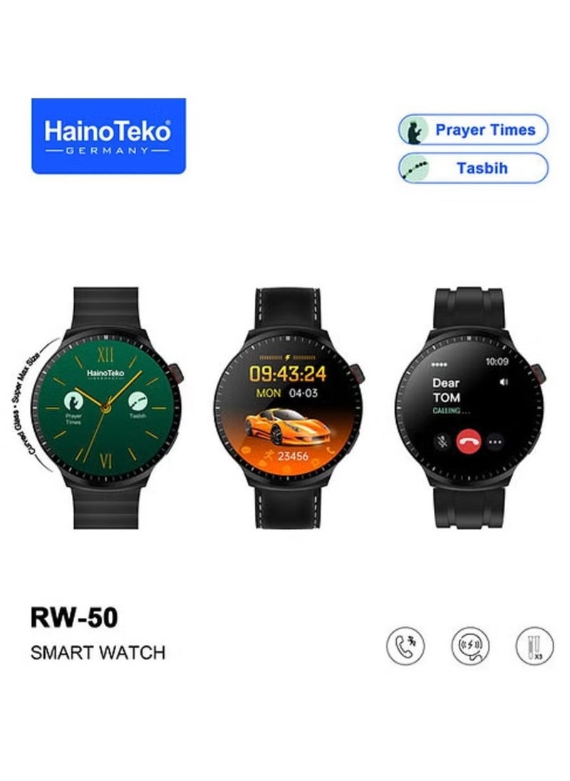 HainoTeko RW50 Super Max Size Round Shape Curved AMOLED Display Smart Watch for Gents & Boys, Silver with 3 Pair Straps, Fitness Tracker, Waterproof, AI Voice Assistance - Image 1