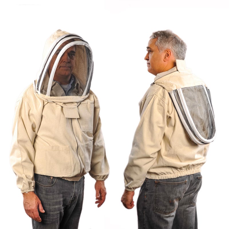 FOREST BEEKEEPING SUPPLY Bee Jacket with Veil  Natural Canvas Bee Suit Jacket with Elastic Waist  Cuffs YKK Brass Zippers 3 Utility Pockets Removable Hood Interchangeable with Forest Beekeeping Suit 2XL 