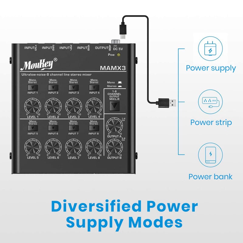 Moukey Audio Mixer, DC 5V, 8 Stereo Ultra, Low Noise 8 Channel Line Mixer for Sub-Mixing, for Small Clubs or Bars, As Guitars, Bass, Keyboards Mixer, MAMX3 - Image 5
