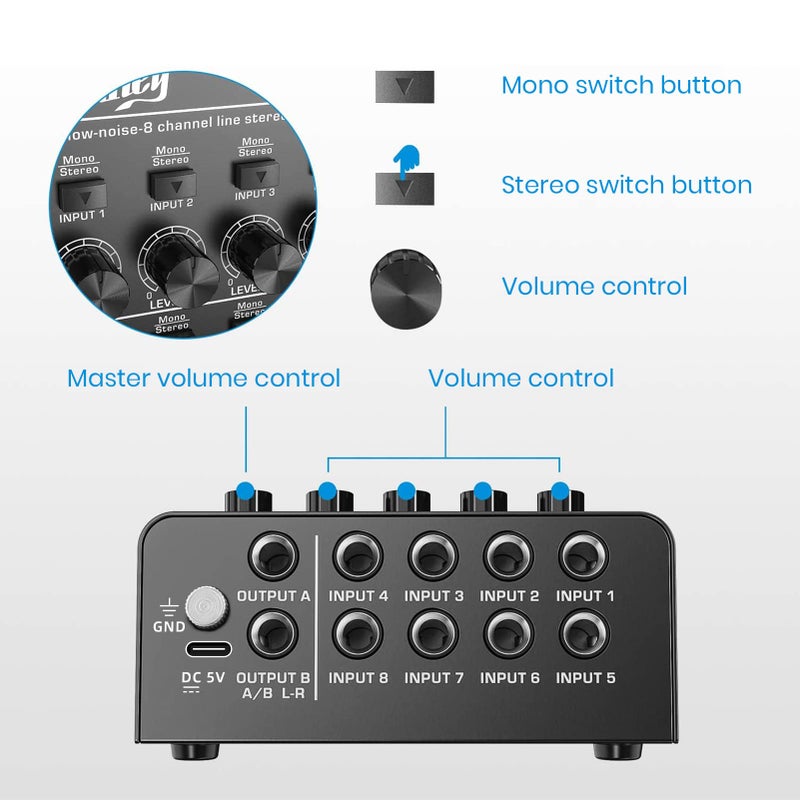 Moukey Audio Mixer, DC 5V, 8 Stereo Ultra, Low Noise 8 Channel Line Mixer for Sub-Mixing, for Small Clubs or Bars, As Guitars, Bass, Keyboards Mixer, MAMX3 - Image 4