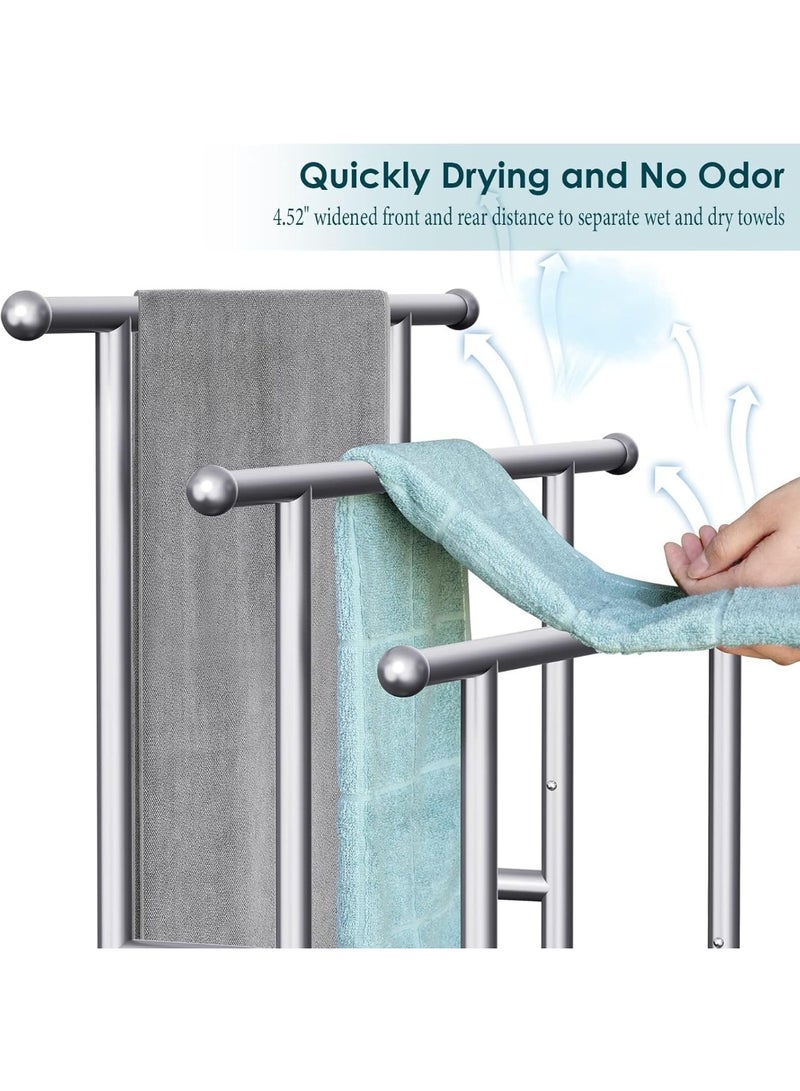 رف مناشف أرضي معدني قائم بذاته بسعة كبيرة بثلاث طبقات، حامل مناشف معدني مطلي بطبقة مضادة للصدأ، حامل تجفيف، رف منظم للحمام مع 3 رفوف تخزين لتوفير المساحة