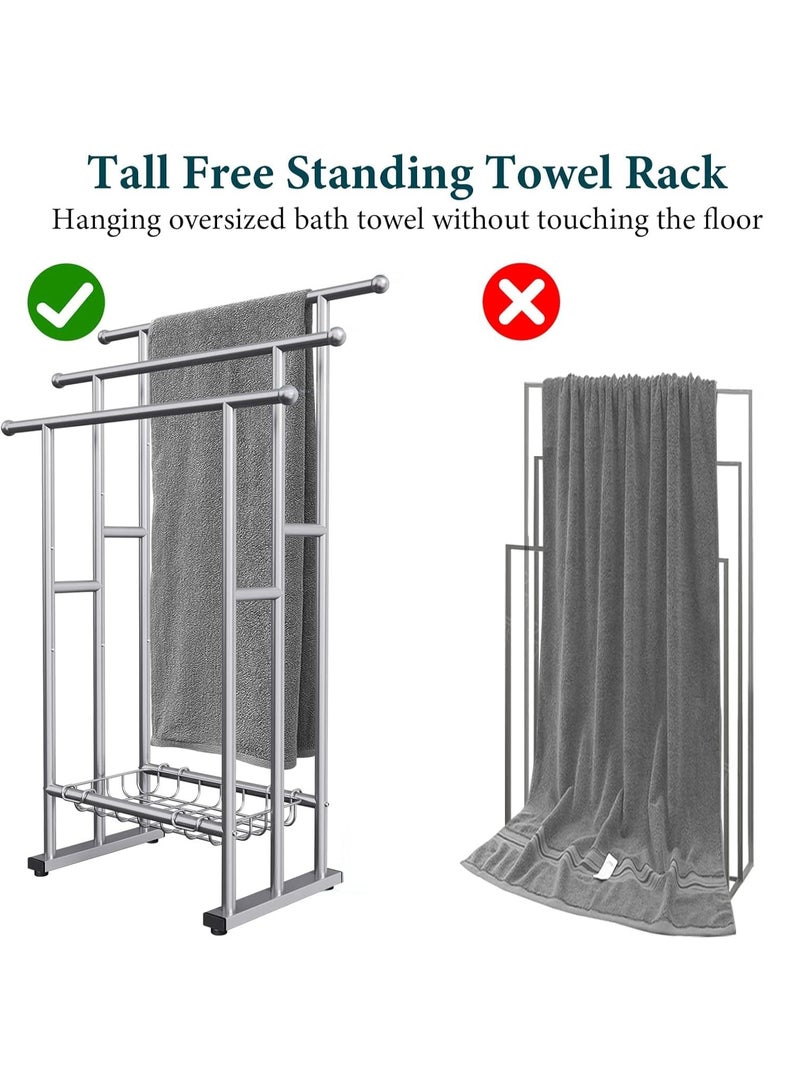 رف مناشف أرضي معدني قائم بذاته بسعة كبيرة بثلاث طبقات، حامل مناشف معدني مطلي بطبقة مضادة للصدأ، حامل تجفيف، رف منظم للحمام مع 3 رفوف تخزين لتوفير المساحة