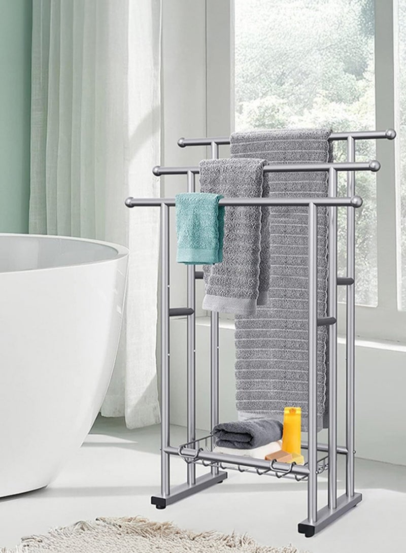 رف مناشف أرضي معدني قائم بذاته بسعة كبيرة بثلاث طبقات، حامل مناشف معدني مطلي بطبقة مضادة للصدأ، حامل تجفيف، رف منظم للحمام مع 3 رفوف تخزين لتوفير المساحة