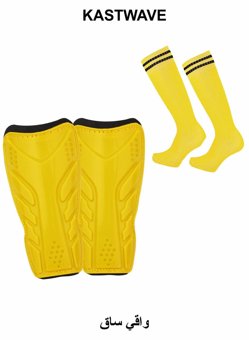 KASTWAVE Football Shin Pads, Sport Soccer Shin Guards with Football Socks, Child Calf Protective Gear for Kids, Boys, Girls Youth (M, Yellow) - Image 1