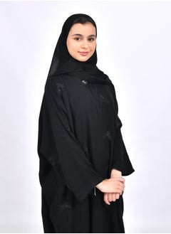 Girls' abaya with a bisht cut and embroidered with scattered butterflies in black