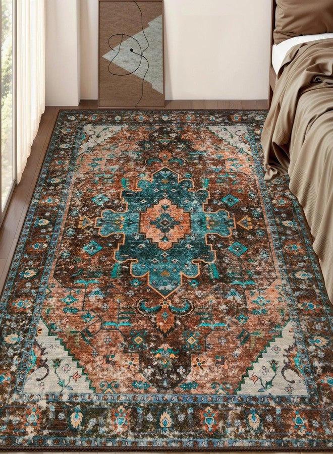 Ciicool Boho Area Rug 3x5ft Washable Bedroom Rug Non-Slip Oriental Entryway Throw Rug Low-Pile Indoor Floor Carpet for Living Room Laundry Foyer Decor (Brick Red/Dull Teal) - Image 2