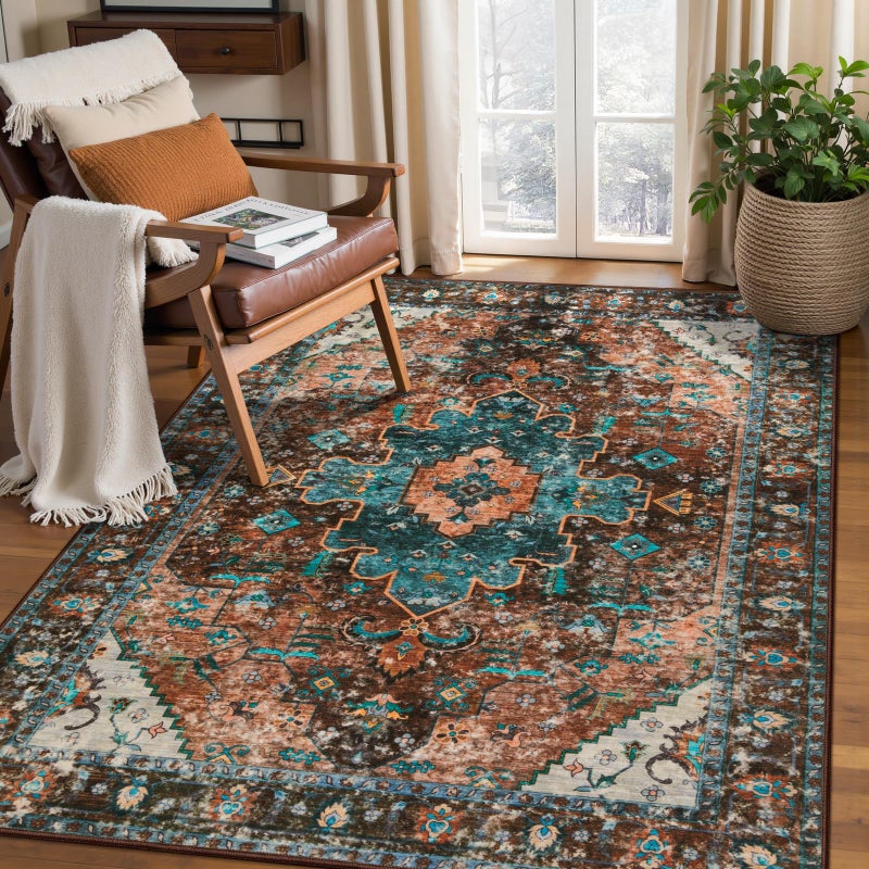 Ciicool Boho Area Rug 3x5ft Washable Bedroom Rug Non-Slip Oriental Entryway Throw Rug Low-Pile Indoor Floor Carpet for Living Room Laundry Foyer Decor (Brick Red/Dull Teal) - Image 1
