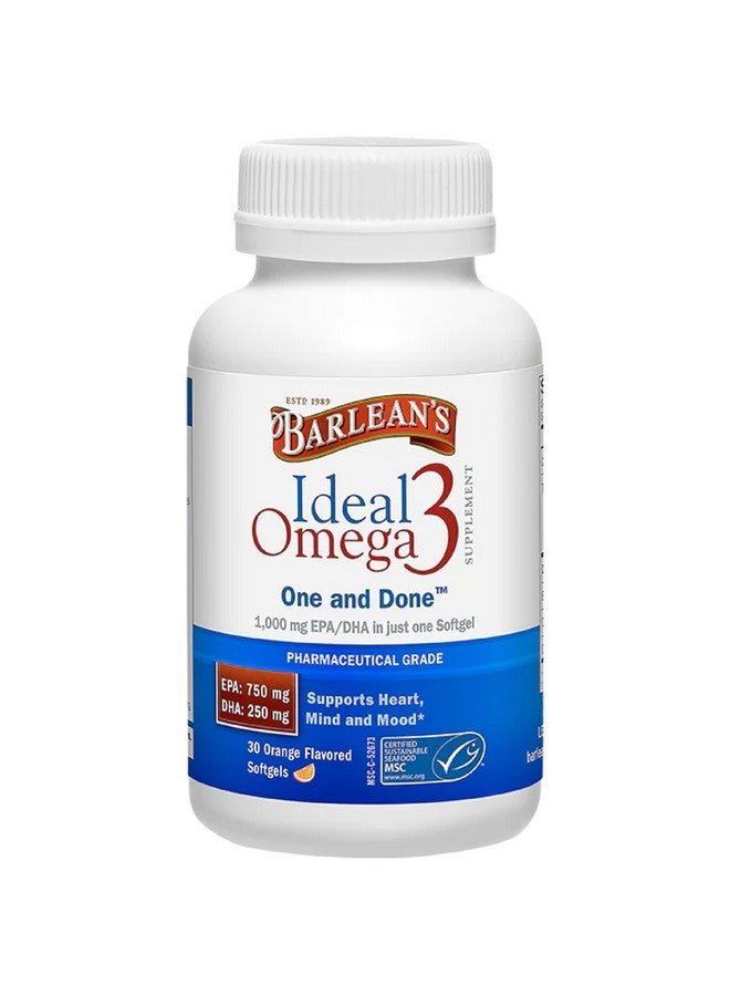 Barlean's Ideal Omega 3 Fish Oil Supplement, 1,000 mg Softgels, Pharmaceutical Grade EPA & DHA for Brain, Joint, & Heart Health, Orange Flavor, 30 ct - Image 1