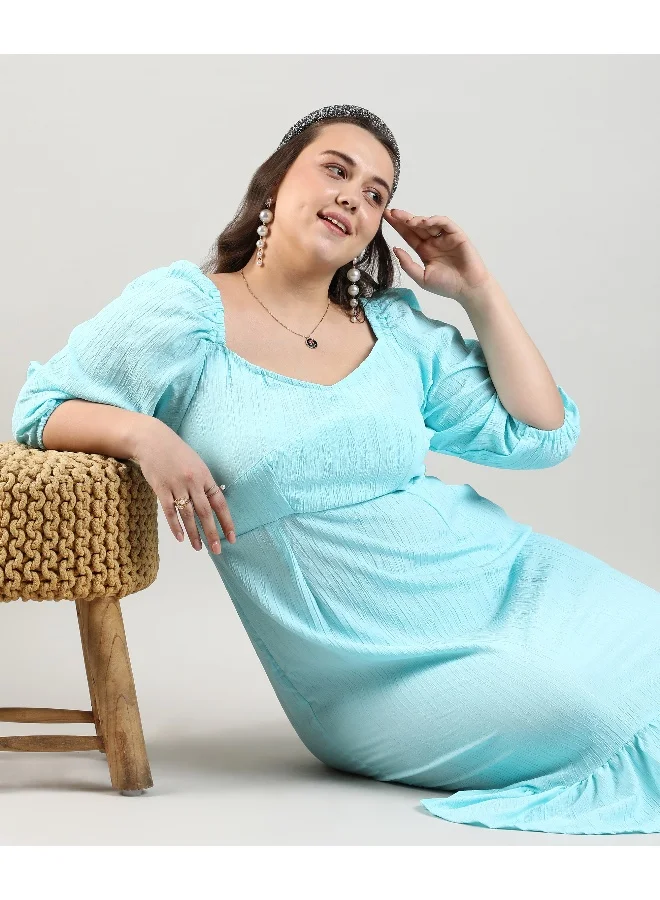 Instafab Plus Women's Sky Blue Ruffle Hem Dress For Casual Wear | Quarter Sleeve | Polyester Fabric | Sweetheart Dress Crafted With Comfort Fit For Everyday Wear