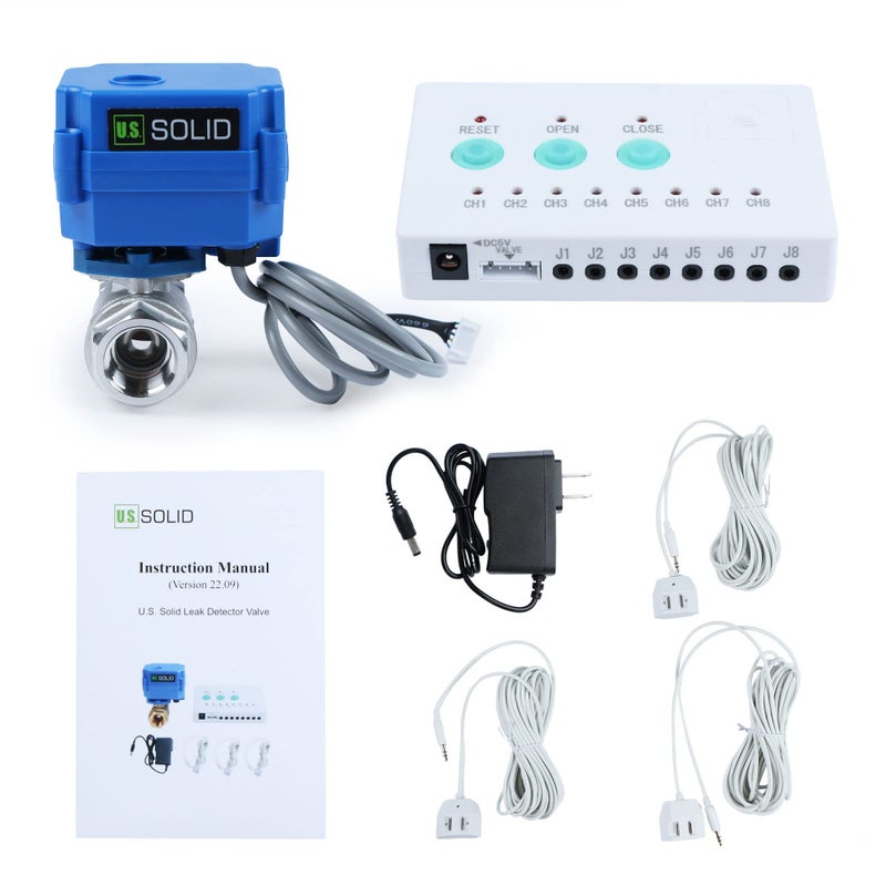 US Solid Water Leak Detector Water Alarm Leak Detect System with 12 Automatic ShutOff NSF Certified 304SS Motorized Ball Valve Controller and 3 Sensors and Sound Alarm