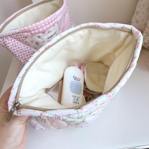 Sminra Floral Makeup Bag Large Cotton Quilted Cosmetic Makeup Bag Organizer, Cottagecore Aesthetic Portable Pouch Purse Toiletry Bag for Women Girls Travel accessories - Image 4
