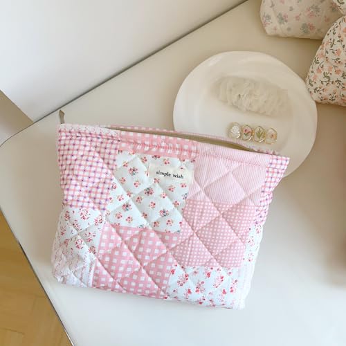 Sminra Floral Makeup Bag Large Cotton Quilted Cosmetic Makeup Bag Organizer, Cottagecore Aesthetic Portable Pouch Purse Toiletry Bag for Women Girls Travel accessories - Image 2