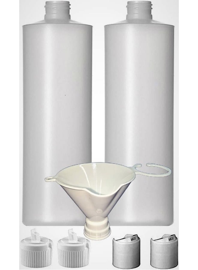 Earth's Essentials 2 Pack Refillable 16 Ounce Plastic Squeeze Bottles With BOTH Press Disc Caps And Flip Up Spout Caps-Natural Translucent Color, Includes Patented Funnel - Image 1