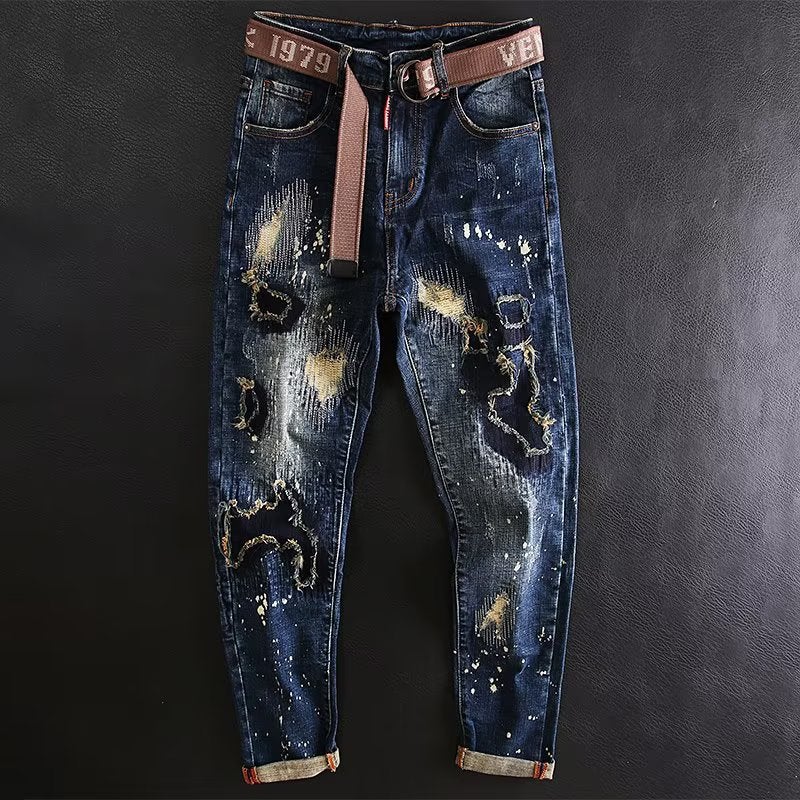 2024 Spring Autumn D2 Trendy Distressed Patched Slim Fit Blue Jeans Men Dark blue 