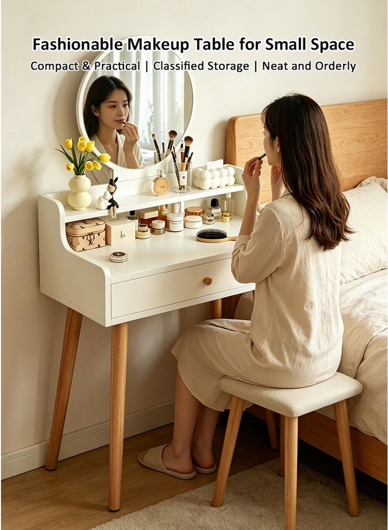 TAPIT Compact Vanity Table with Mirror and Drawer, Modern Minimalist Makeup Desk, Space-Saving Bedside Dressing Table for Small Bedroom Home (60x40x120cm - White) - Image 2