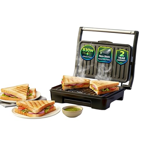 Glen Electric Grill Sandwich Maker, 850W, Panini Press with Heavy Duty Non Stick Plates, Oil Collector Tray, Strong Steel Handle, Toaster Griller for 2 Bread Slices, 2-Year Warranty - 3029GRILL - Image 1