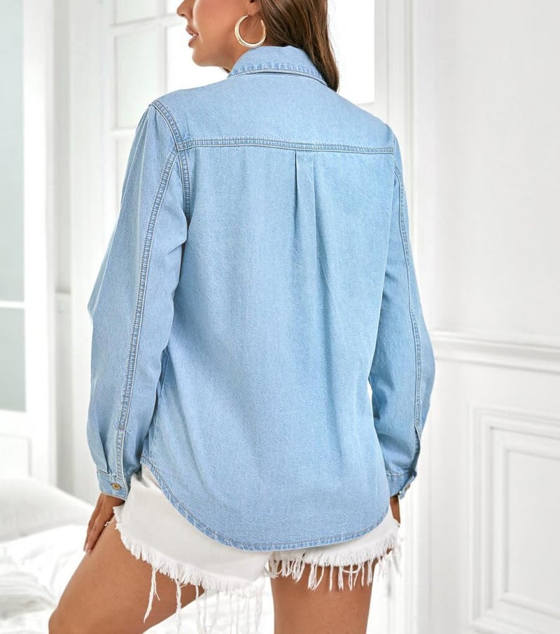 CaniBtr Denim Shirt Women Button Down Jean Blouse Long Sleeve Western Shirts Collared Chambray Casual Denim Tops Light Blue XL - Image 3