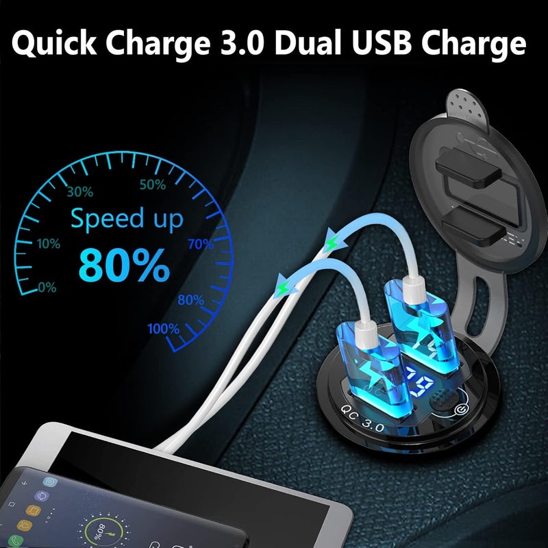 [غلاف معدني] منفذ USB 12 فولت مزدوج QC 3.0: مقبس ألومنيوم 12 فولت للدراجات النارية مع مفتاح زر فولتميتر LED مقاوم للماء، شاحن سيارة 12 فولت للقوارب والمركبات البحرية والدراجات النارية وعربات الجولف. - Image 3