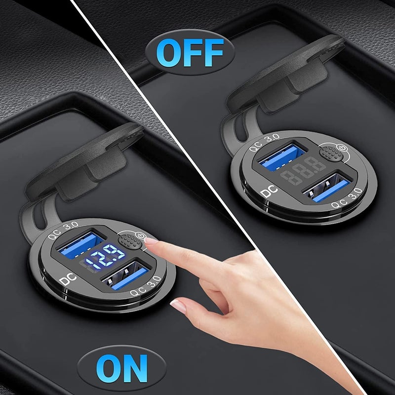 [غلاف معدني] منفذ USB 12 فولت مزدوج QC 3.0: مقبس ألومنيوم 12 فولت للدراجات النارية مع مفتاح زر فولتميتر LED مقاوم للماء، شاحن سيارة 12 فولت للقوارب والمركبات البحرية والدراجات النارية وعربات الجولف. - Image 4