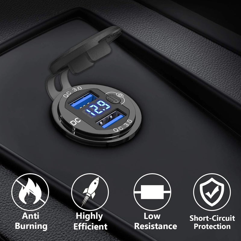 [غلاف معدني] منفذ USB 12 فولت مزدوج QC 3.0: مقبس ألومنيوم 12 فولت للدراجات النارية مع مفتاح زر فولتميتر LED مقاوم للماء، شاحن سيارة 12 فولت للقوارب والمركبات البحرية والدراجات النارية وعربات الجولف. - Image 2