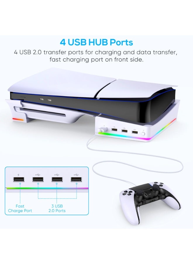 حامل أفقي RGB لأجهزة PS5 Pro / Slim مع 14 وضع إضاءة و4 منافذ USB، قاعدة جانبية لـ Playstation 5 Pro Slim (نسخة القرص والرقمية)، حامل شحن وحدات التحكم - أبيض - Image 5