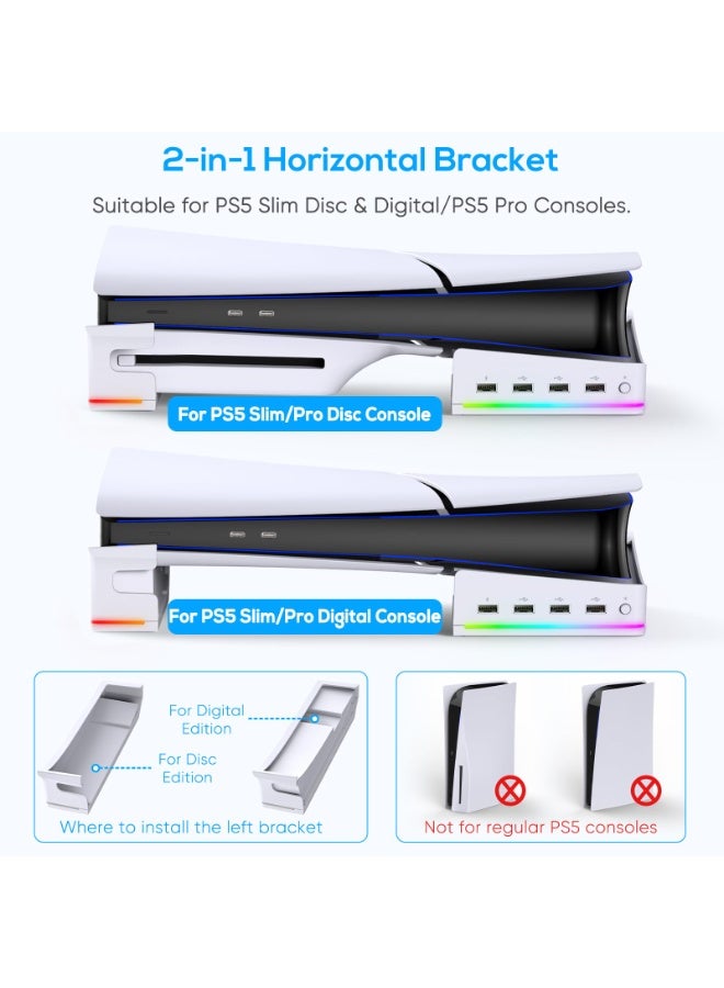 حامل أفقي RGB لأجهزة PS5 Pro / Slim مع 14 وضع إضاءة و4 منافذ USB، قاعدة جانبية لـ Playstation 5 Pro Slim (نسخة القرص والرقمية)، حامل شحن وحدات التحكم - أبيض - Image 2