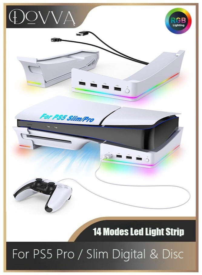 حامل أفقي RGB لأجهزة PS5 Pro / Slim مع 14 وضع إضاءة و4 منافذ USB، قاعدة جانبية لـ Playstation 5 Pro Slim (نسخة القرص والرقمية)، حامل شحن وحدات التحكم - أبيض - Image 1