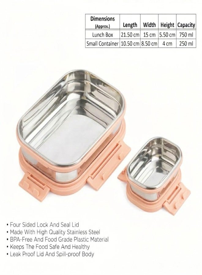 Fastmart Stainless Steel Tiffin Lunch Box Container/Dabba with 4 Side Clip Lock Lid for Office & School Use/Food Grade/Air Tight/Easy to Carry/Leak Proof (Pastle Pink) - Image 2