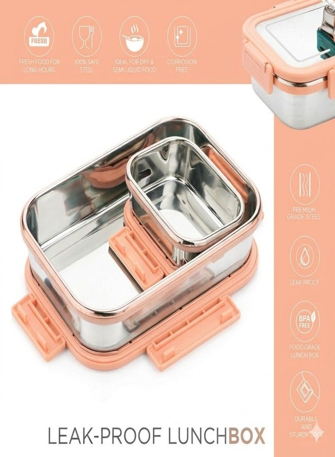 Fastmart Stainless Steel Tiffin Lunch Box Container/Dabba with 4 Side Clip Lock Lid for Office & School Use/Food Grade/Air Tight/Easy to Carry/Leak Proof (Pastle Pink) - Image 3