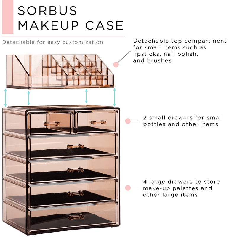 Sorbus Acrylic Makeup Organizer Set, 6-Drawer Vanity & Countertop Cosmetic Storage with Small & Wide Compartments, Bronze Glow Makeup Storage for Brushes, Jewelry â€“ Holiday Gift for Women & Teens - Image 2