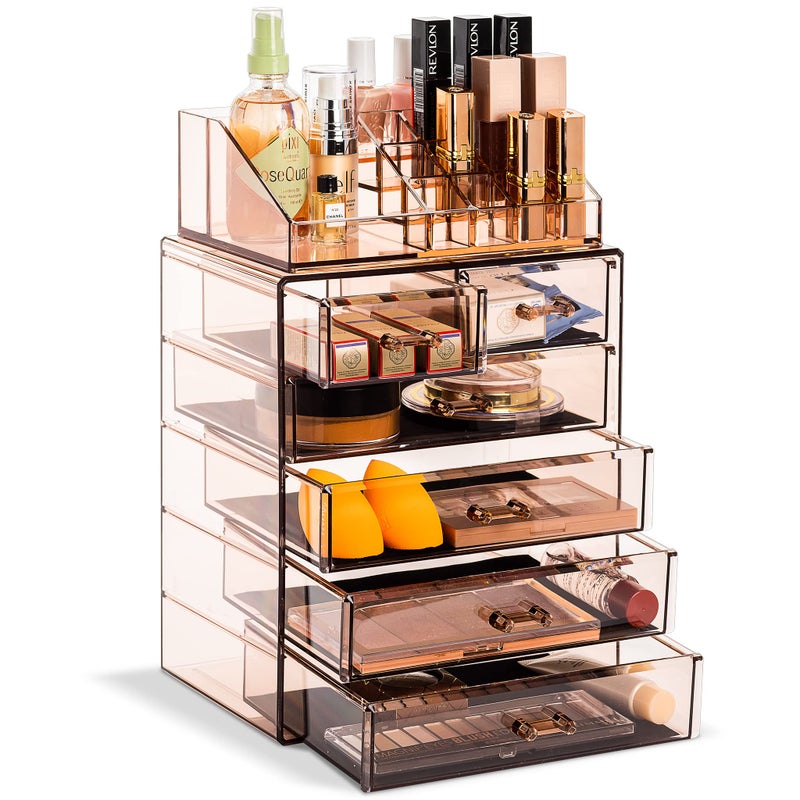 Sorbus Acrylic Makeup Organizer Set, 6-Drawer Vanity & Countertop Cosmetic Storage with Small & Wide Compartments, Bronze Glow Makeup Storage for Brushes, Jewelry â€“ Holiday Gift for Women & Teens - Image 1