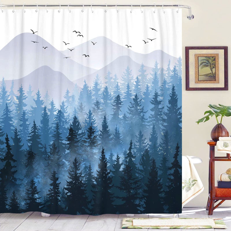 Accnicc Extra Long Blue Misty Forest Shower Curtain Set Ombre Navy Blue White Waterproof Fabric Shower Curtains Nature Tree Mountain Woodland Decorative Bathroom Bath Curtain Decor (Blue  72'' - Image 1
