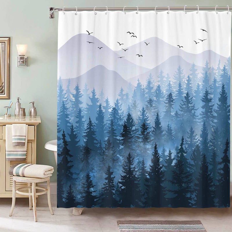 Accnicc Extra Long Blue Misty Forest Shower Curtain Set Ombre Navy Blue White Waterproof Fabric Shower Curtains Nature Tree Mountain Woodland Decorative Bathroom Bath Curtain Decor (Blue  72'' - Image 3