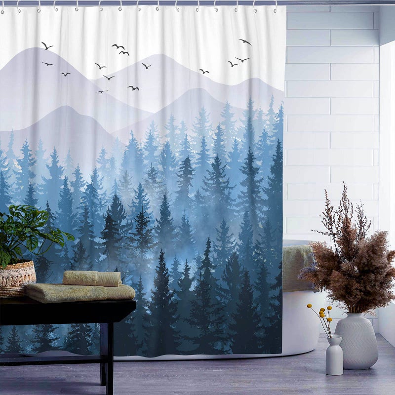 Accnicc Extra Long Blue Misty Forest Shower Curtain Set Ombre Navy Blue White Waterproof Fabric Shower Curtains Nature Tree Mountain Woodland Decorative Bathroom Bath Curtain Decor (Blue  72'' - Image 4