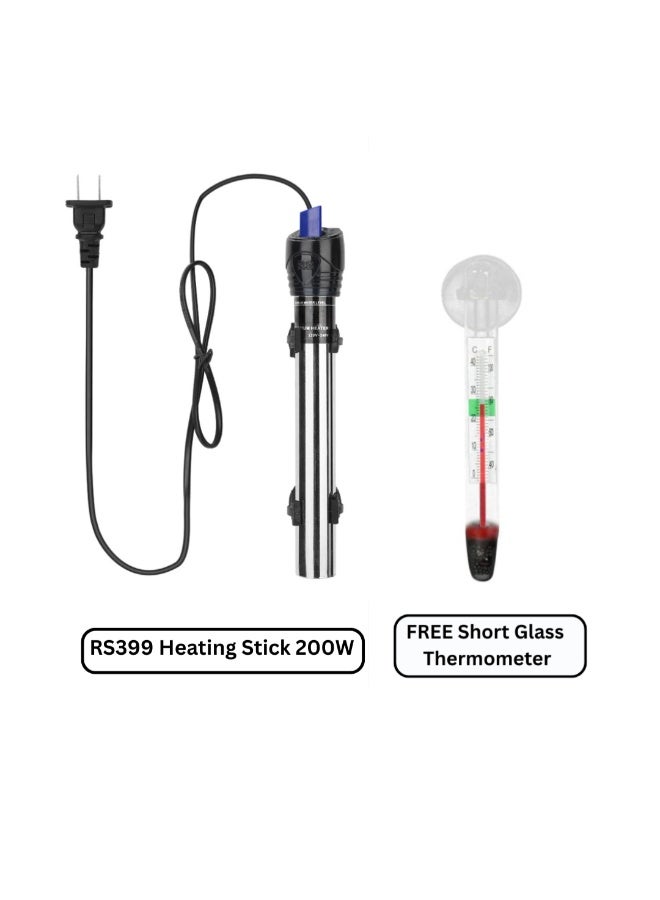 RS Electrical RS399 - 200W Steel Heating Stick Immersion Aquarium Heater With FREE Short Glass Thermometer - Image 1