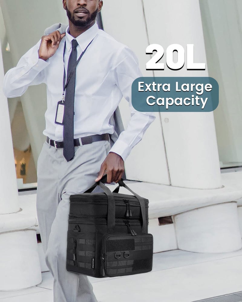 RalChyez Tactical Lunch Box, 20L Large Heavy Duty Double Deck Insulated Lunch Bag Leakproof Expandable Tote Cooler with Shoulder Strap for Adult Men Women Work Fishing Picnic Travel Black - Image 2