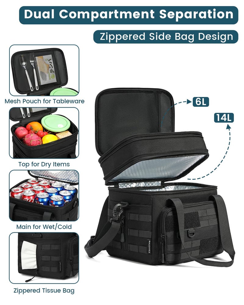 RalChyez Tactical Lunch Box, 20L Large Heavy Duty Double Deck Insulated Lunch Bag Leakproof Expandable Tote Cooler with Shoulder Strap for Adult Men Women Work Fishing Picnic Travel Black - Image 4