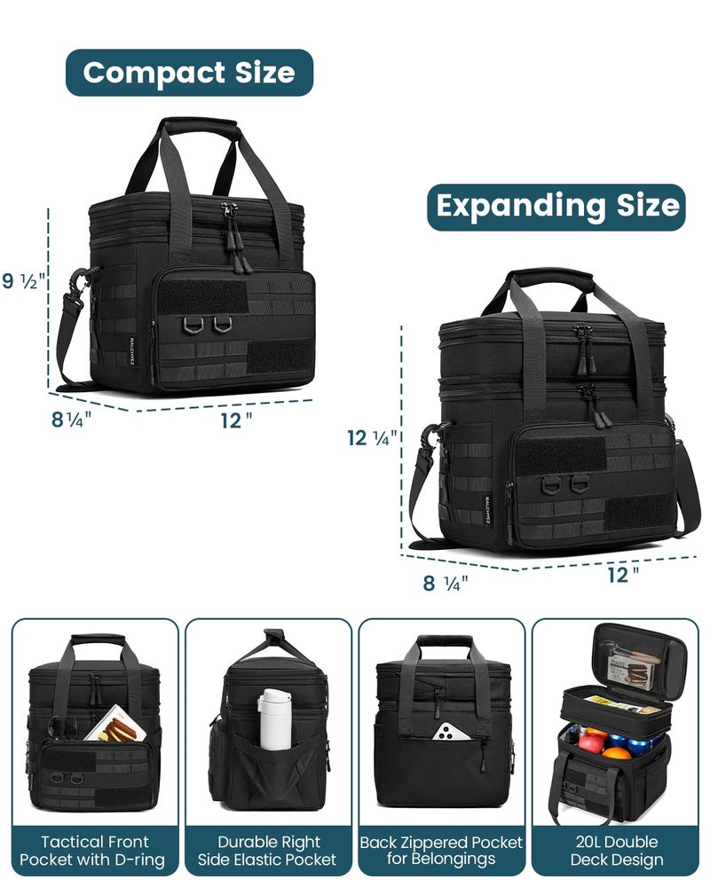 RalChyez Tactical Lunch Box, 20L Large Heavy Duty Double Deck Insulated Lunch Bag Leakproof Expandable Tote Cooler with Shoulder Strap for Adult Men Women Work Fishing Picnic Travel Black - Image 3