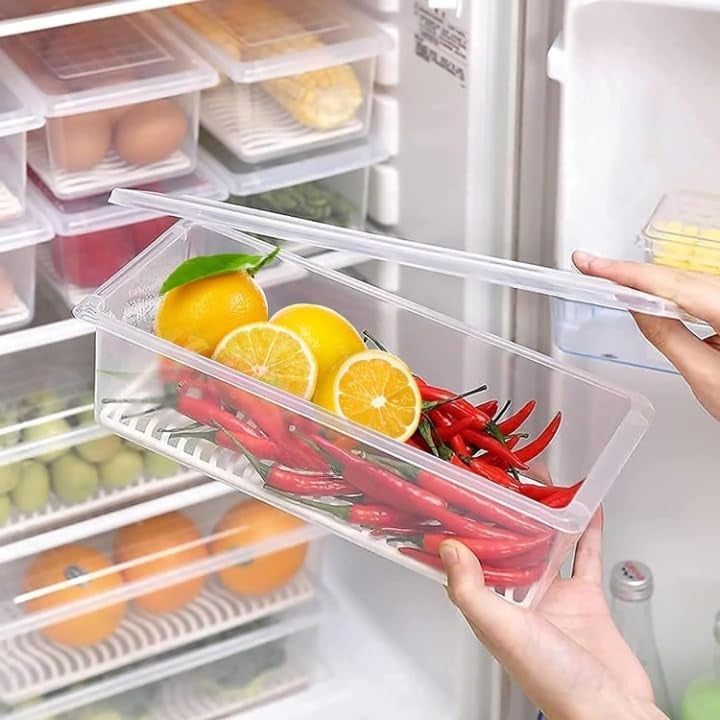 Rylan Plastic Fridge Storage Boxes (Pack Of 3), Fridge Organizer With Removable Drain Plate Tray Keeps Fruits, Vegetables, Meat, Fish Fresh Longer (1500 Ml),White - Image 1