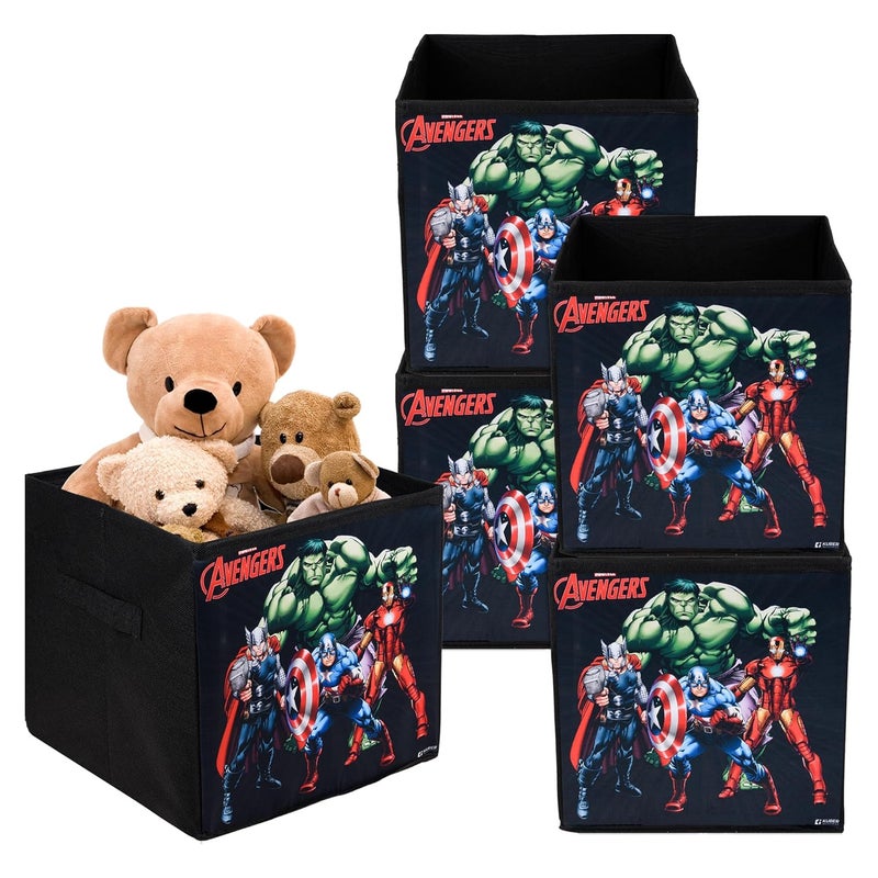 Kuber Industries Pack of 5 Storage Box | Square Toy Storage Box | Wardrobe Organizer for Clothes-Books-Toys-Stationary | Drawer Organizer Box with Handle | Marvel Avengers | Black