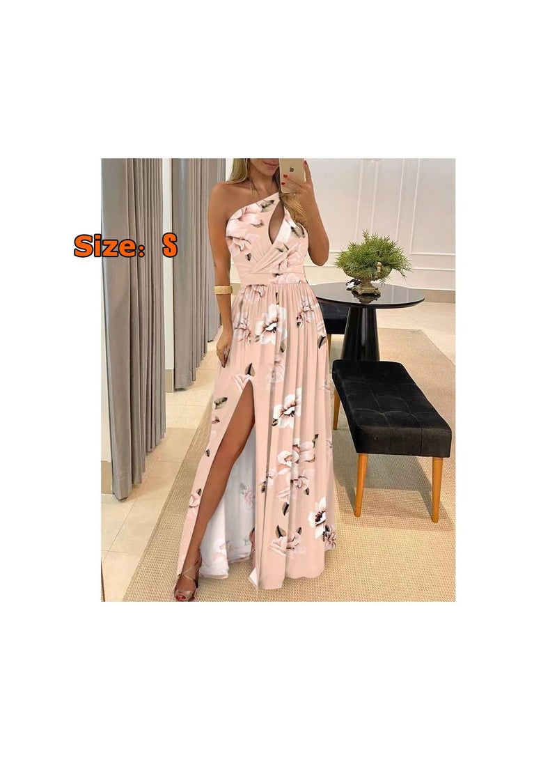 1-Piece Formal Oblique Shoulder Lady Women Dress,Slant Shoulder High Waist Split Temperament Long Dress,Colour Pink,Size S - Image 1