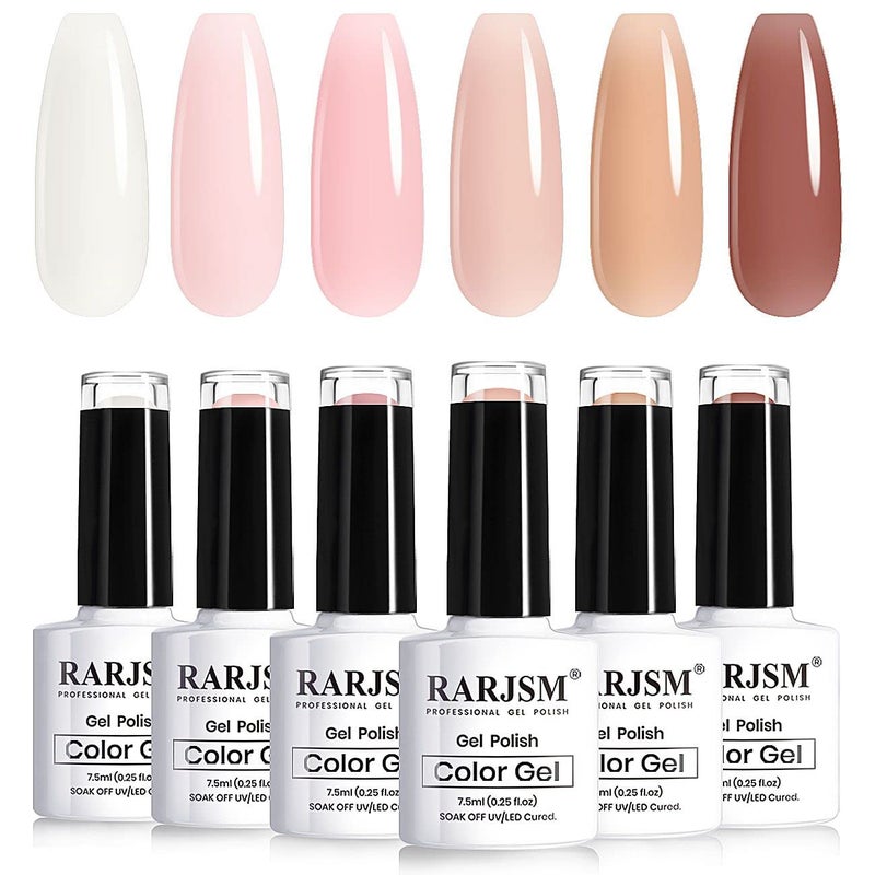 RARJSM Nude Sheer Jelly Pink Gel Nail Polish Set of 6 Transparent Colors LED UV Gel Soak Off Clear Taffy Brown Milky White French Manicure Nail Gelpolish Varnish Curing Requires 7.5ml for Home Salon - Image 1