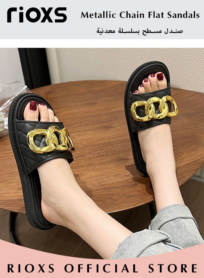 RIOXS Women's Summer Slippers with Chain Decor, Non-Slip Open-toe Beach Sandals, Classic Metallic Chains Plain Sliders, Soft Comfortable Sandals for Indoor or Outdoor Use  - Image 4