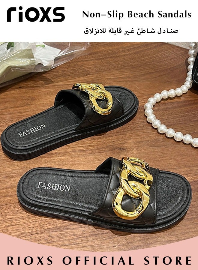 RIOXS Women's Summer Slippers with Chain Decor, Non-Slip Open-toe Beach Sandals, Classic Metallic Chains Plain Sliders, Soft Comfortable Sandals for Indoor or Outdoor Use  - Image 5