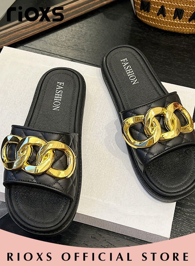 RIOXS Women's Summer Slippers with Chain Decor, Non-Slip Open-toe Beach Sandals, Classic Metallic Chains Plain Sliders, Soft Comfortable Sandals for Indoor or Outdoor Use  - Image 2